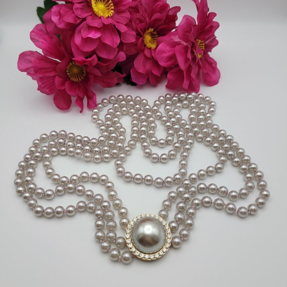 Champagne Simulated Pearl Bead And Crystal Statement Necklace 23" Continuous